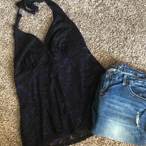 2x studio 1940 Purple and Black lace halter top